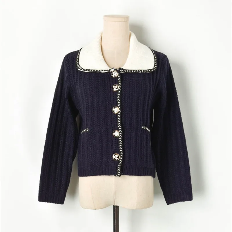 

Luxury Brand Designer Knitted Sweater for Women Vintage Turn Down Collar Contrast Color Double Pocket Knitted Sweater Cardigan
