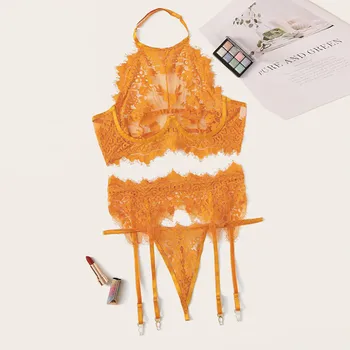 

Lace orange split sexy lingerie three-piece suit Sexy Exquisite Lace Lingerie Bra+Garter+Briefs Set Babydoll Cut-Out белье 04*