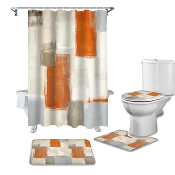 

Orange Paint Graffiti Abstract Shower Curtains Set Bath Mat Set Toilet Cover Bathroom Accessories Bathroom Rug Set