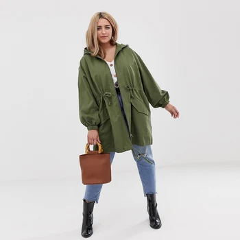 

Plus Size New Loose Trench Coat Spring Autumn Women Hooded Green Windbreaker Outerwear Female Casual Trench Coat