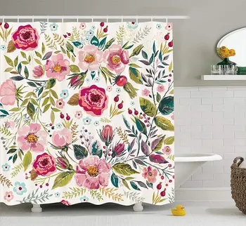 

Floral Shower Curtain by Shabby Chic Flowers Roses Pedals Dots Leaves Buds Spring Season Theme Image Artwork Fabric Bathroom