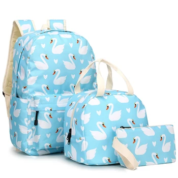 

Swan 3pcs Sets Backpack+Meal Pack+Pencil Case Printing School Bags Canvas Student Teenage Shoulder Bags Mini Backpacks for Women