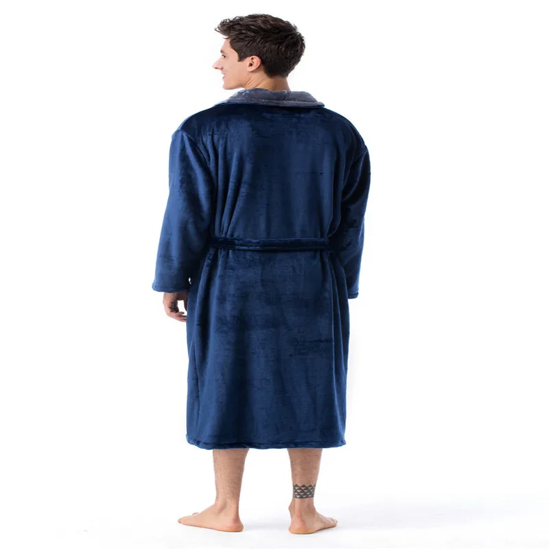 Men Casual Kimono Bathrobe Autumn Winter Flannel Long Robe Thick Warm Sleepwear Plus Size Nightgown Male Casual Home Wear