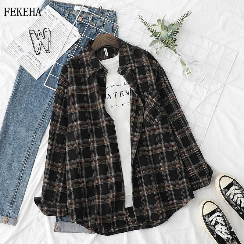 Print Shirts Tops Womens Blouses Long-Sleeve Loose News Cotton-Checked Casual Lady Female