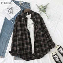 Print Shirts Outwear Tops Womens Blouses Long-Sleeve Loose Female News Cotton-Checked