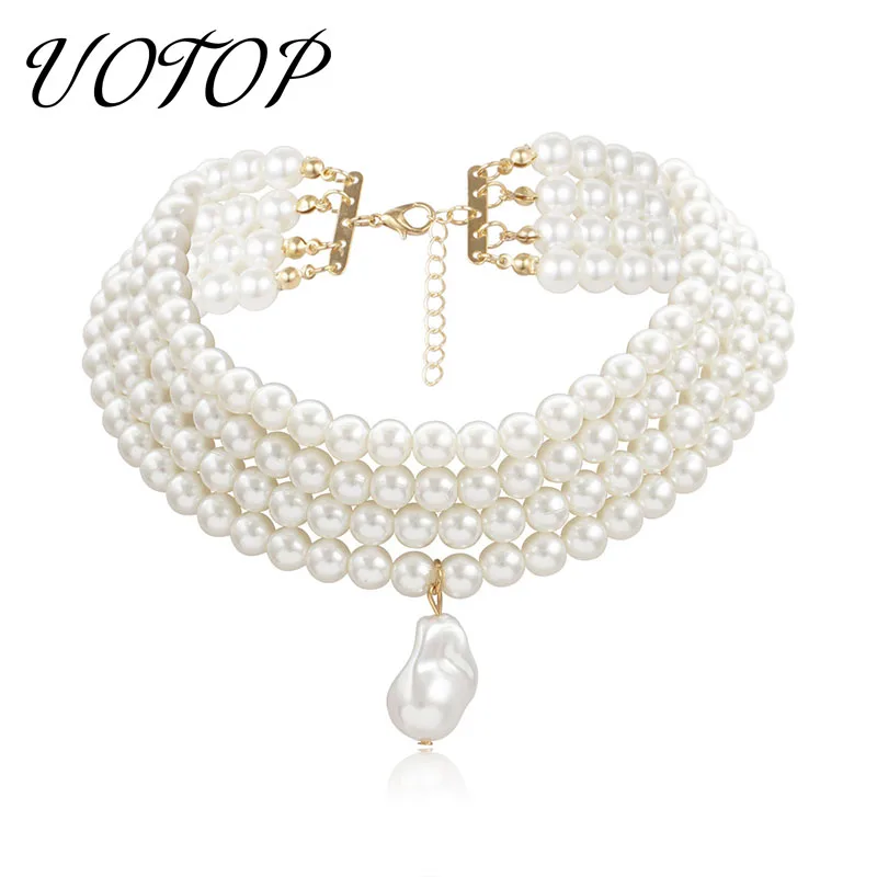 

UOTOP 2019 New 4 Rows Multi Layered Faux Round Baroque Pearl Choker Necklace Ketting Female Gold Color Collar Necklaces Collares