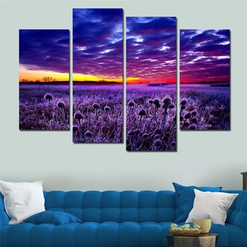 

Wall Art HD Printed Pictures Canvas 4 Panel Purple Flower Field Sunset View Home Decor Modern Paintings Modular Poster