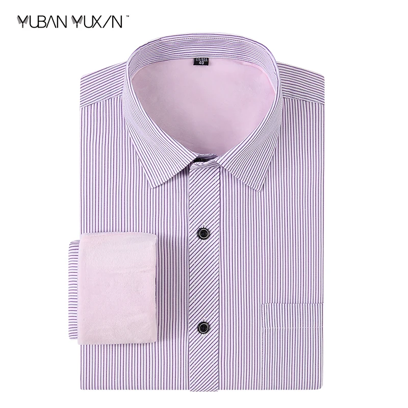 

YUBANYUXIN brand men winter 45% cotton white bottom pink striped warm shirt S-8XL warm thick plus velvet long sleeve slim shirts