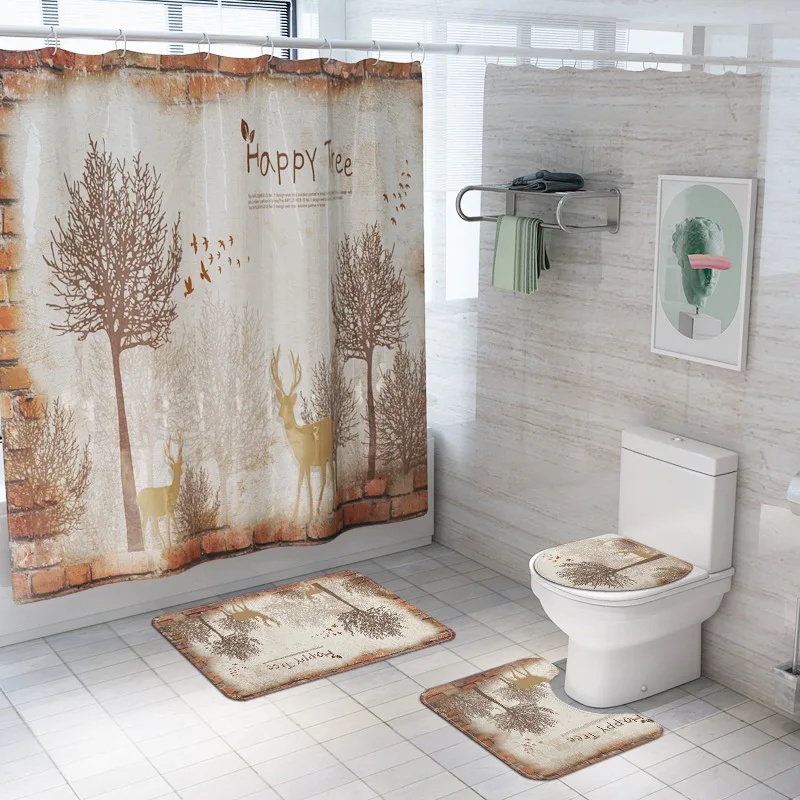 2020 Deer Printed Floor Mat 4-piece Bathroom Shower Curtain Non Slip Carpet Set Bath | Дом и сад