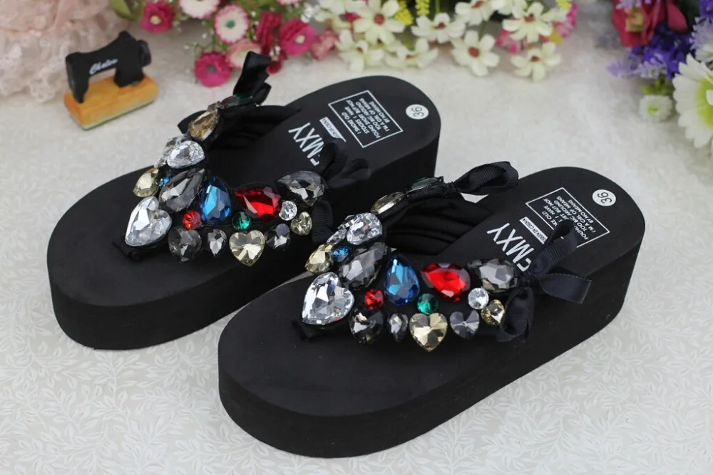 2019 Summer New Luxury Crystal Slippers Bow Womens Cheap Black Platform High Heels Comfortable Flip Flops Shoes Discount55