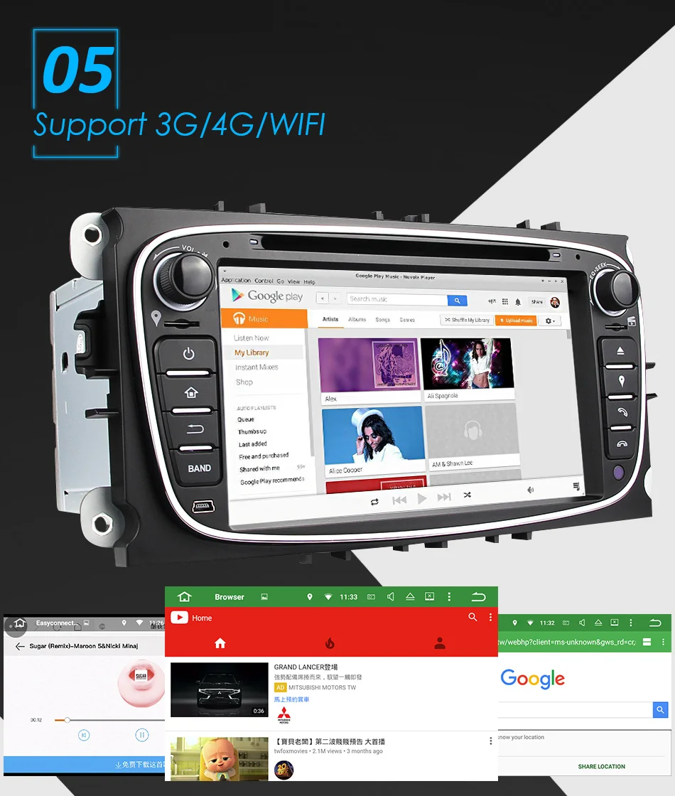 Perfect Eunavi Quad Core 2 Din Android 9.0 Car DVD Player Car Radio with GPS+WIFI+3G for Ford focus 2 dab Galaxy Transit Tourneo Mondeo 12