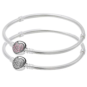 

Original Crystal Love Heart Clasp Snake Chain Bracelets Bangle Fit 925 Sterling Silver Bead Charm Bracelet DIY Fine Jewelry