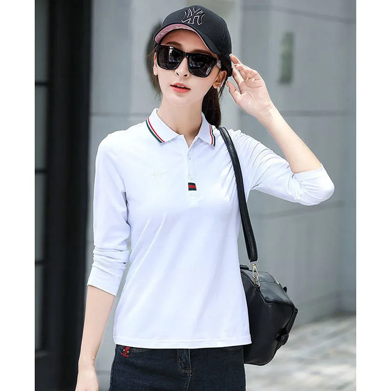 

Solid Large Women's Polo Shirt Women Long Sleeve Lady Cotton Casual Print White Shirts Pink Red Black Plus Size Female Loose Top