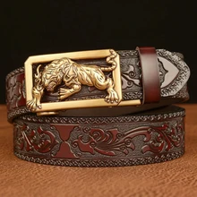 

Creative Personality Men Leather Belt Male Sliver Glod Metal Automatic Buckle Embossing Waistband Tiger Casual Jeans Man Girdle