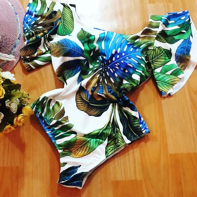 Сексуальный купальник с открытыми плечами, новинка, сдельный купальник с принтом в виде листьев, купальные костюмы, пляжная одежда, монокини с рукавами с рюшами, S-XL