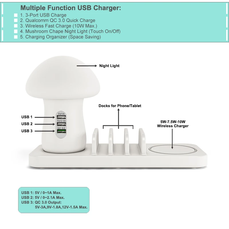 Mushroom LED Light Multi Port 40W USB Charging