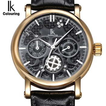 

IK Brand Automatic Self Wind Watch Nail Scale Multifunction Sub Dial Week Date Hollow Unique Carved Rhinestone Business Watch