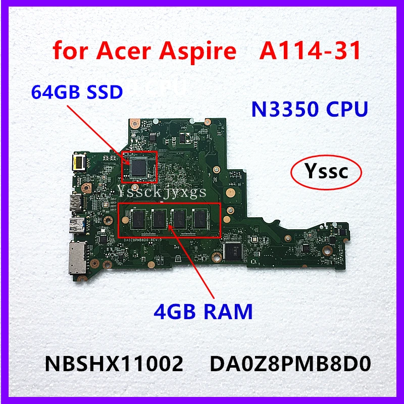 Материнская плата NBSHX11002 материнская для ноутбука Acer A114-31 DA0Z8PMB8D0 (с процессором N3350