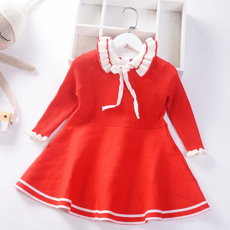 Хлопковый свитер-платье для девочек; Цвет Красный; сезон весна-осень; вязаные платья с длинными рукавами; сезон зима-весна-осень; детская одежда для подростков
