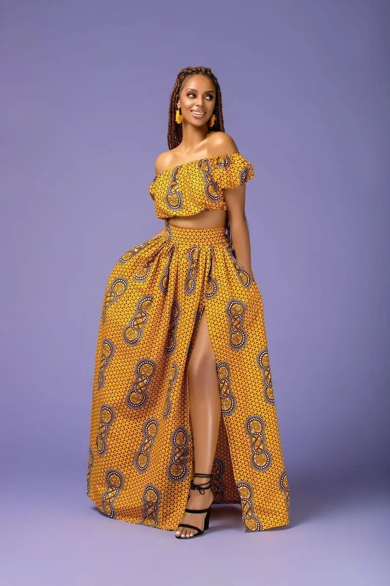 Комплект из двух предметов, Женская традиционная африканская одежда, топы и юбка, летние костюмы с принтом Дашики, Сексуальная рубашка с открытыми плечами, длинные юбки - Цвет: TOPS AND SKIRT