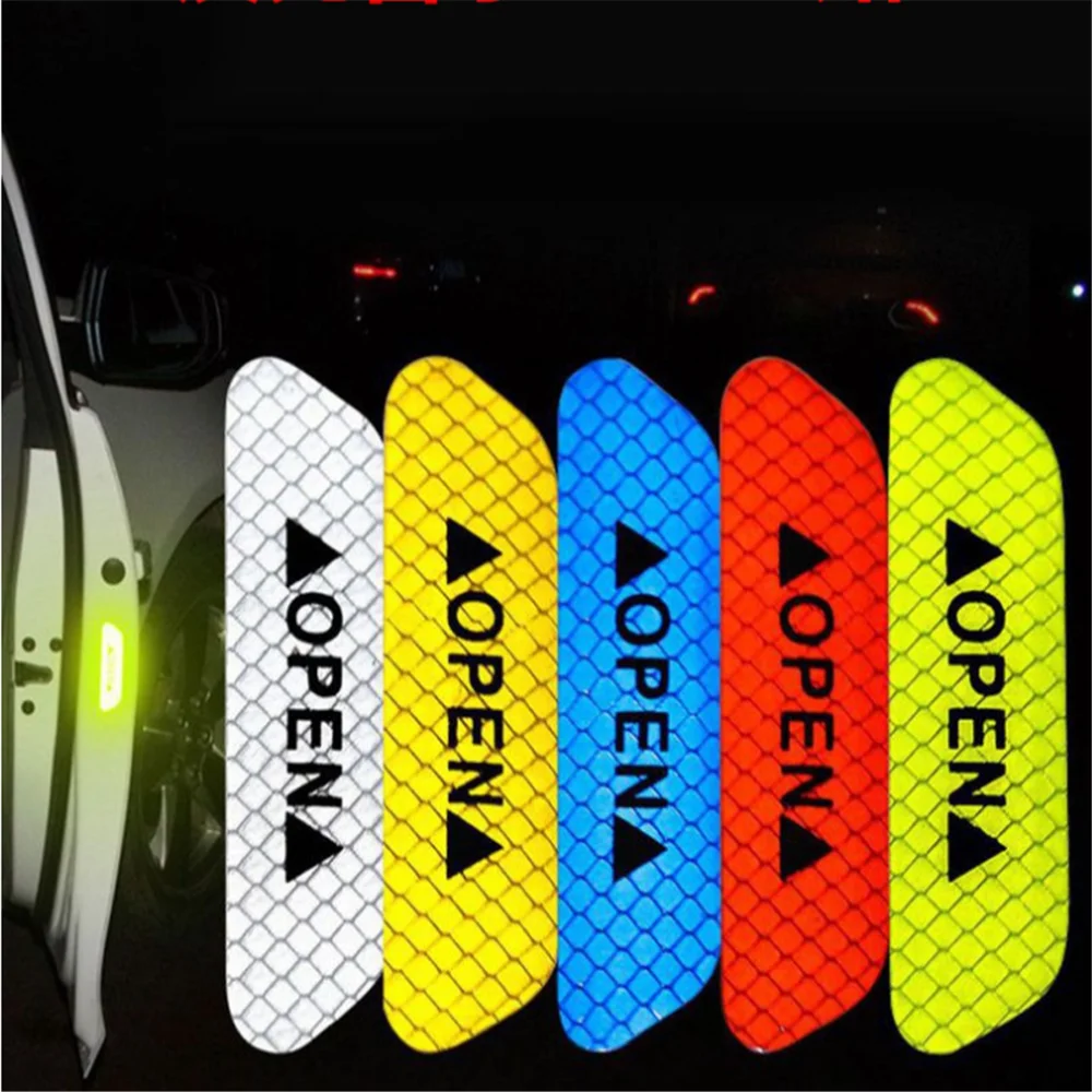 4Pcs Car Door Stickers Warning Mark Reflective Tape Auto Exterior Accessories OPEN Sign Safety Strip Light Reflectors | Автомобили и