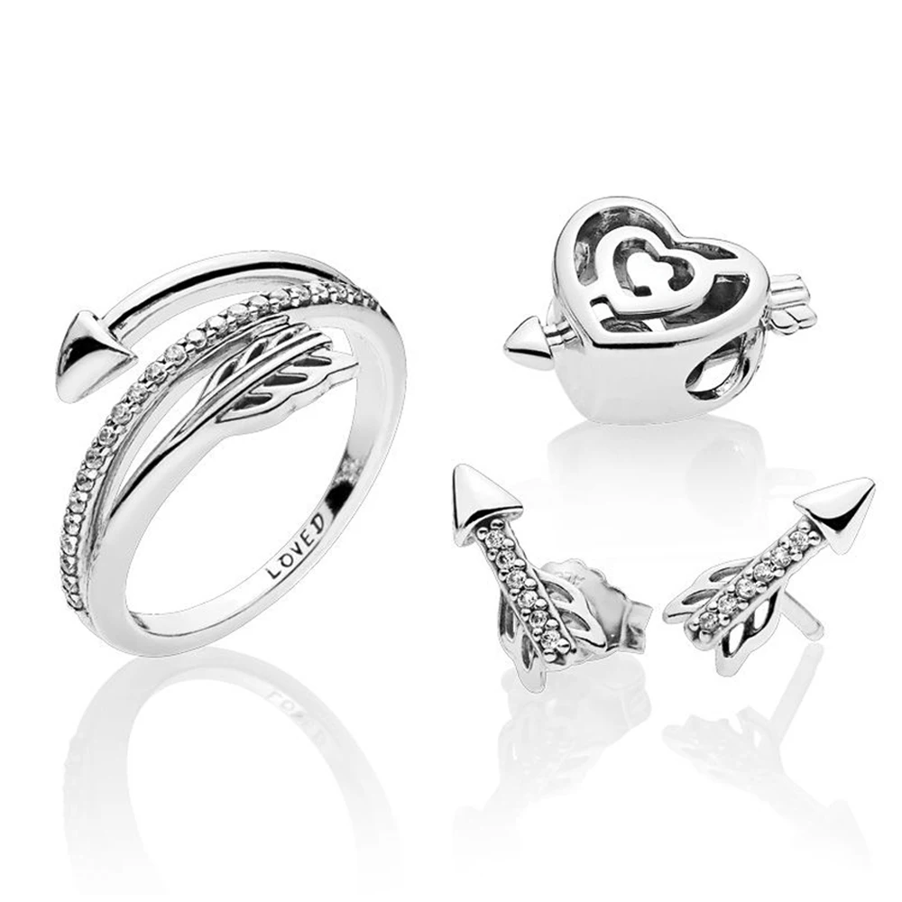 

100% 925 Sterling Silver Valentine's Day Asymmetric Heart and Arrow Clip Sparkling Earring Ring Set