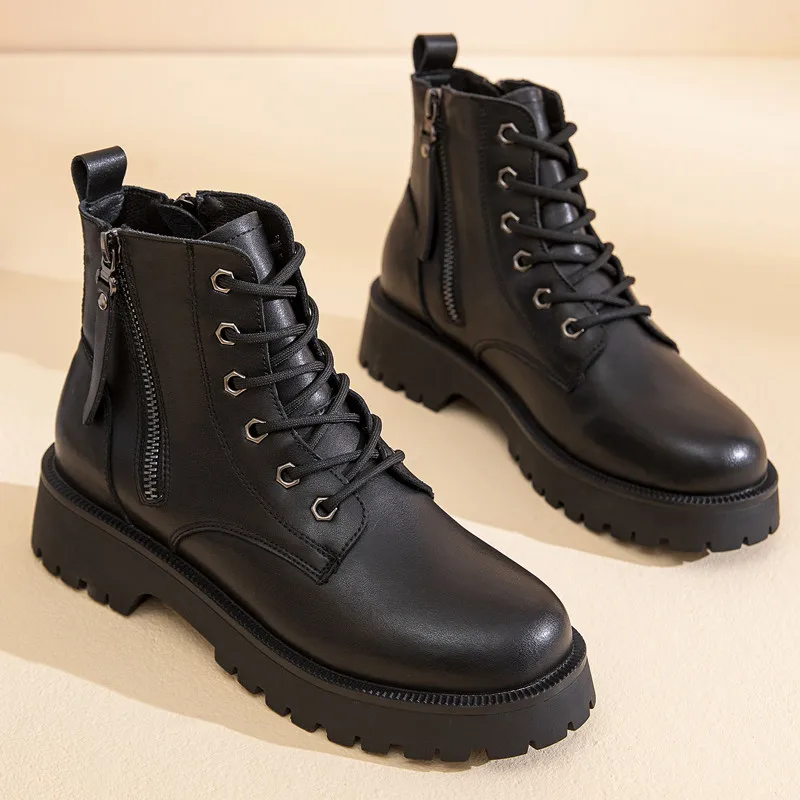 Genuine Leather Martin Boots Women Autumn 2021 New Double Zipper Women's Ankle Boots Platform Thick Heel Motorcycle Boots Women 2