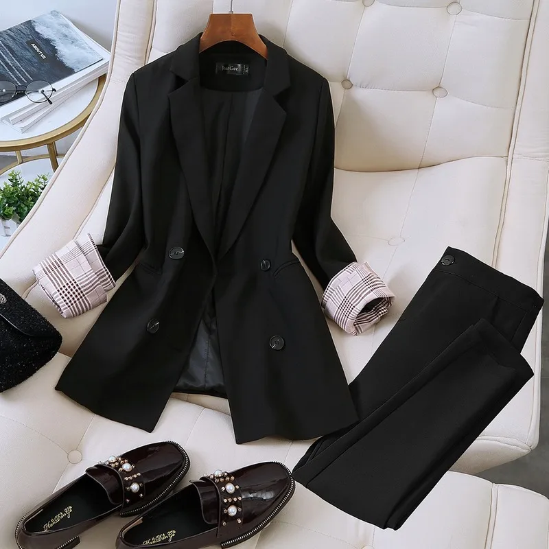 

Women's suit autumn and winter new black high-end large size loose suit elastic waist trousers women's two-piece suit