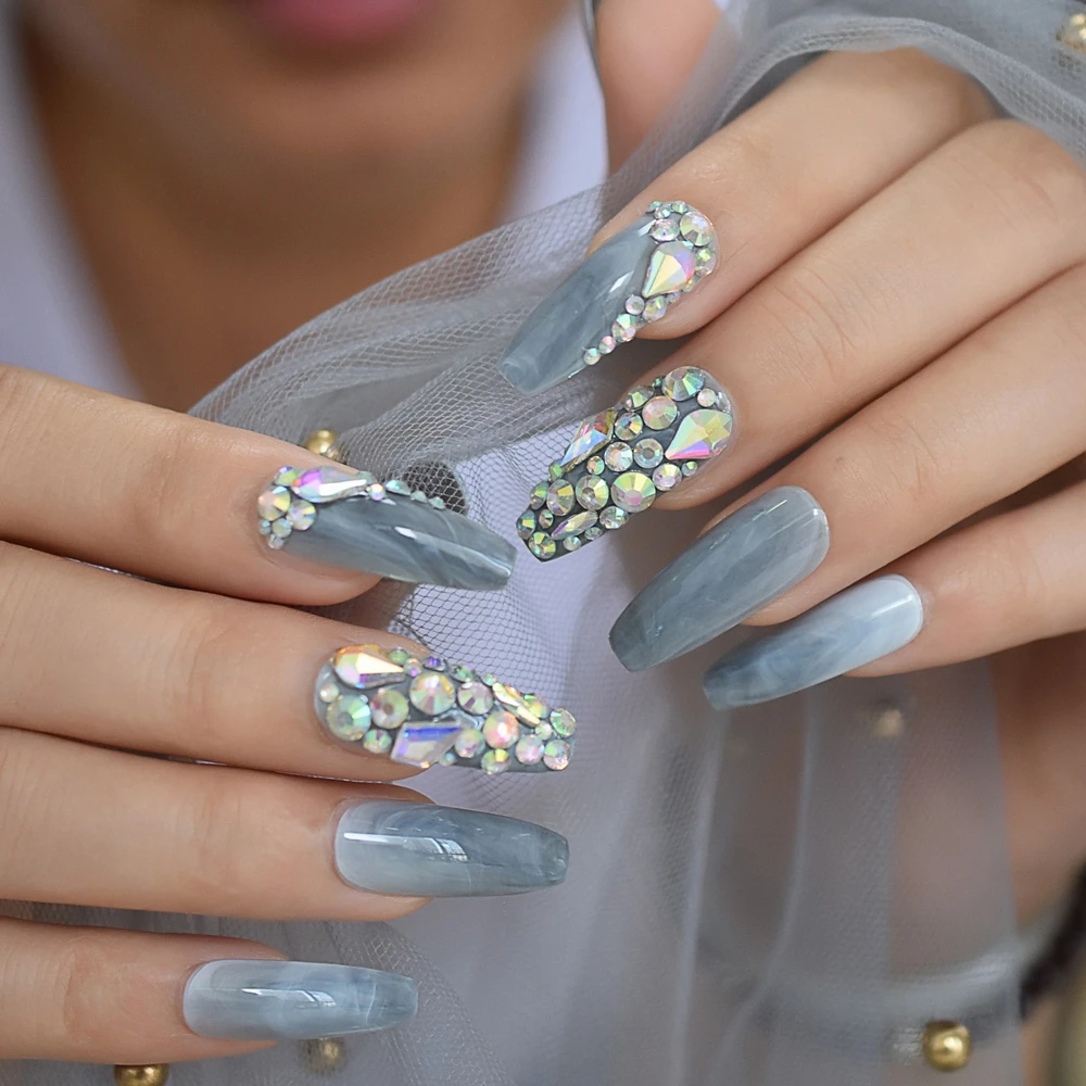 Мрамор искусственный Ongles розовый серый камни предварительно спроектированные Роскошные удлиненные форма гроба женские вечерние свадебные украшения, аксессуары