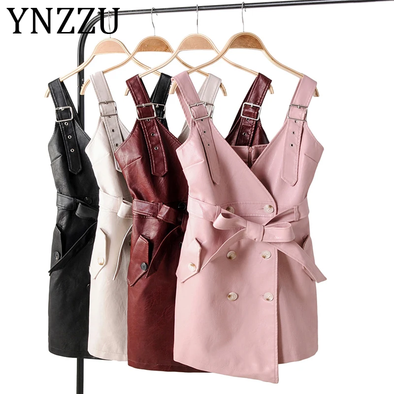 

YNZZU 2019 New Faux PU Leather Women Dress Solid V Neck Short A-line Sexy Dress Buttons Sash Autumn Winter Mini Club Dress AD284