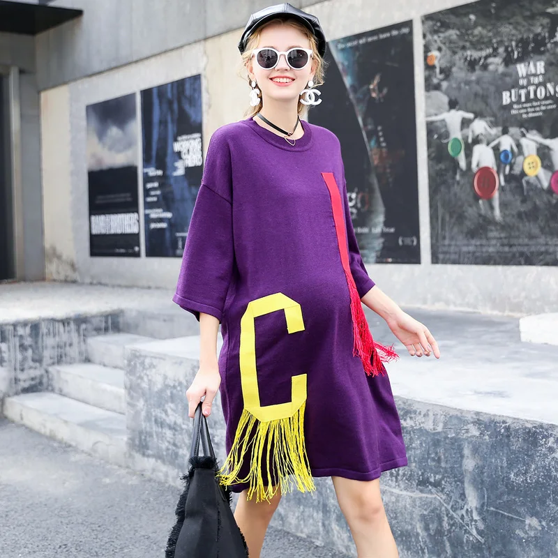 

Maternity dress 2019 new letter tassel loose tops long pregnancy dress three quarter sleeve maternity dresses JoyRay.B