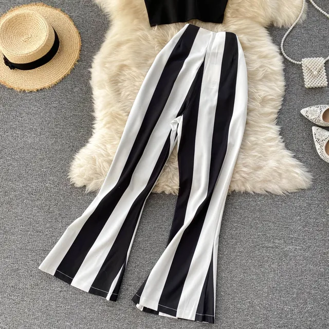 FMFSSOM 2021 Women Suit 2 Piece Set Short High Waist Black and White Striped Wide Leg Pants Sexy Party Club 3