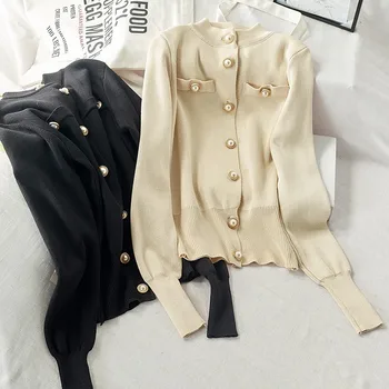 

Women's Sweaters Autumn Winter 2019 Cardigans Knitted Button Single Breasted Fashion Korean Style Solid Tops pearl button knit