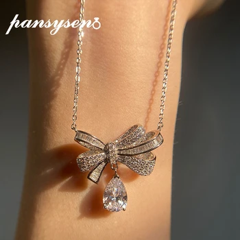

PANSYSEN Solid 925 Sterling Silver Bowknot Lab Moissanite Diamond Necklace Wedding Birthday Fine Jewelry Pendant Necklaces Gifts