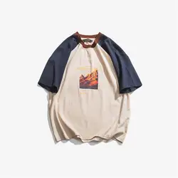 Yi dao Винтаж Лето в японском стиле, в ретро стиле, контрастные цветное соединение Свободные повседневные с круглым воротником футболка Для