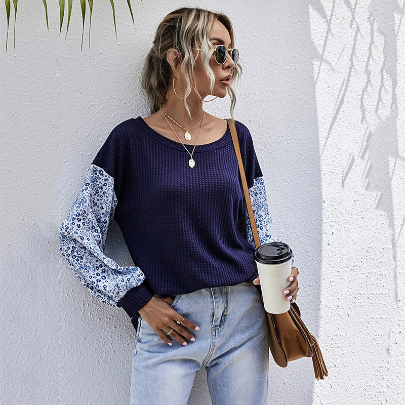 

Patchwork Casual Knitted Women's Sweater O-Neck Pullover Floral Print Long Sleeve Loose Style Clothes Winter 2020