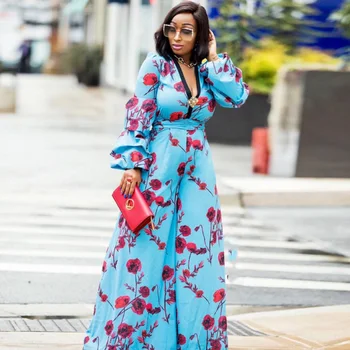 

Fashion Jumpsuit 2020 African Dresses for Women Wide Leg Pants V-neck Blouse Trousers Dashiki Print African Bazin Clothes Robe