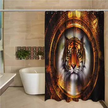 

Tiger Precision Custom Shower Curtain Ancient Mayan Calender Design with Big Hunter Cat Head Wise Feline Old Cultures Modern
