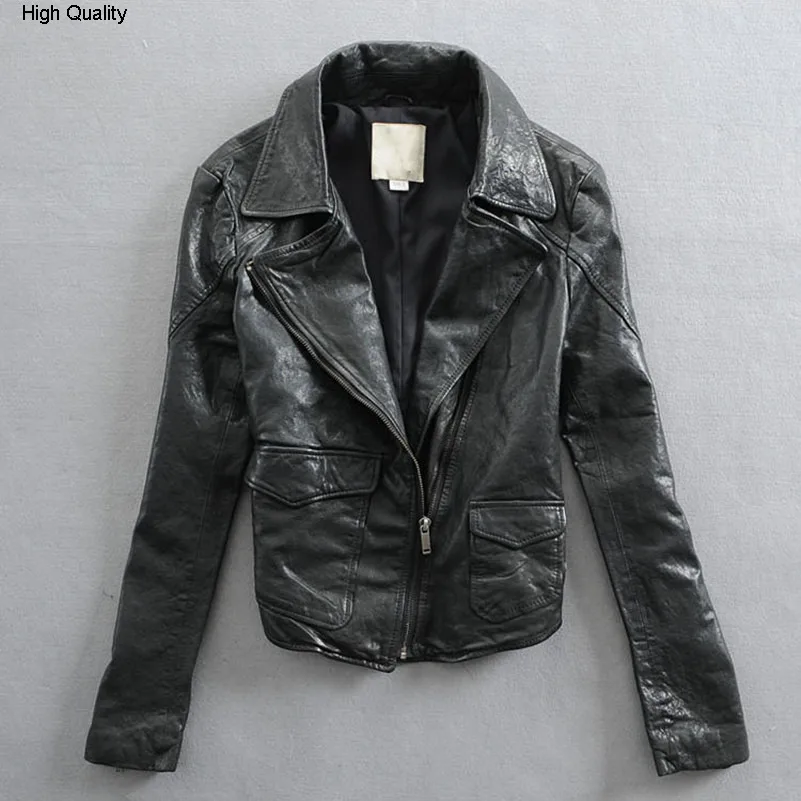 

Women's colorful genuine leather jacket black yellow Orange pink Watermelon Red sheepskin lapel slim motorcycle jacket lady coat