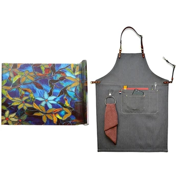 

Senior Denim Leather Straps Kitchen Apron with Window Sticker Static Cling Stained Glass Decorative Window Film