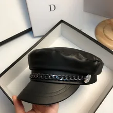Fibonacci Fashion Hats For Women Winter Military Hat Korean Chain PU Leather Flat Top Navy Cap Simple Outdoor Street Retro Beret