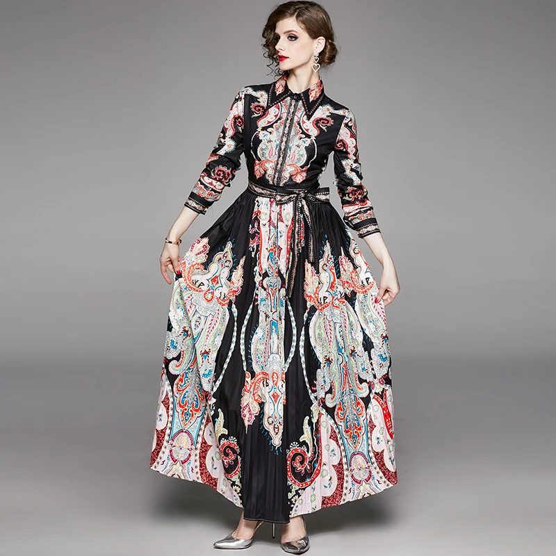 

Court Style Lapel Long Sleeve Shirt Dress Long Pleated Print Fashion Dress Ankle-Length Regular Turn-down Collar Harajuku Dress