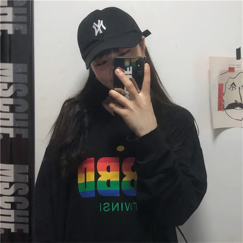 Lychee Harajuku в радужную полоску с буквенным принтом женские футболки с круглым вырезом Женская футболка Осенняя Свободная Женская футболка Топы футболки