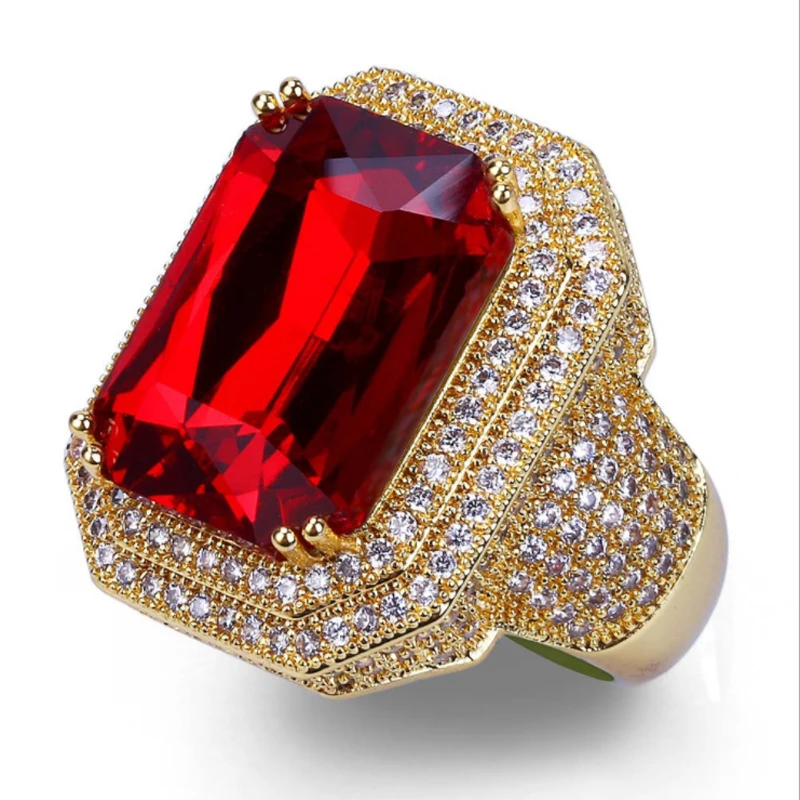 

Europe and the new square red zircon men's ring micro-inlaid AAA double-row small zircon hiphop tide ring