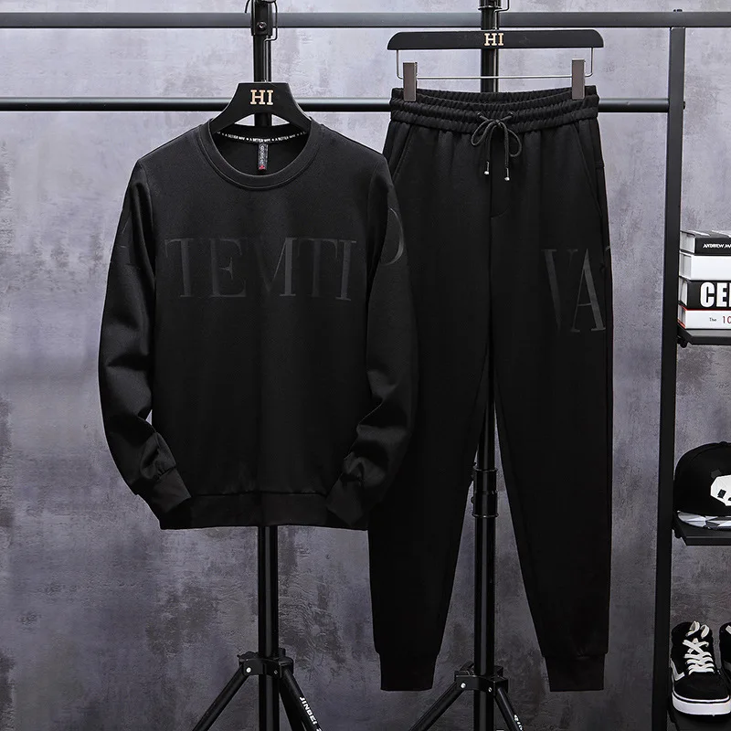 

2019 New Style Autumn Clothing Trend Men Long Sleeve Crew Neck Hoodie Set Men's Stylish Printed Sports Casual Two-Piece Set