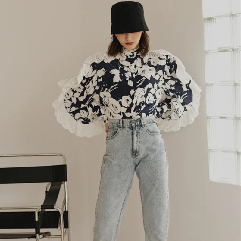 Новинка, Корейская Весенняя модная женская одежда, кружевная женская рубашка с широкими рукавами и цветочным принтом, блузка WK15605
