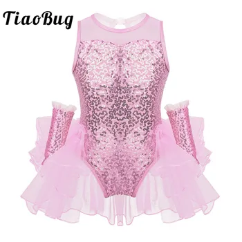 

Kids Girls Sequins Tulle Splice Ballet Gymnastics Leotard Ruffled Mesh Figure Skating Dress with Wrist Sleeves Dancewear Costume