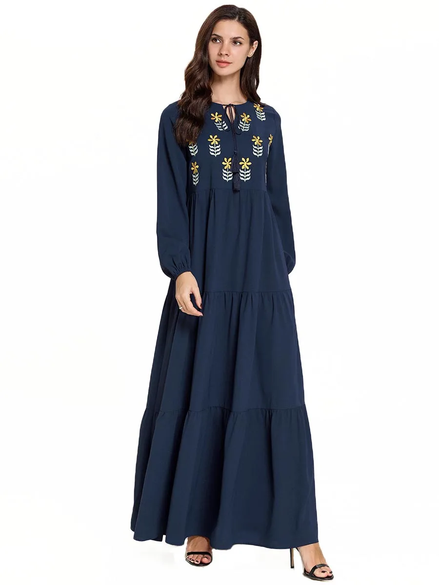 Женское мусульманское платье макси с вышивкой и длинным рукавом Abaya турецкое