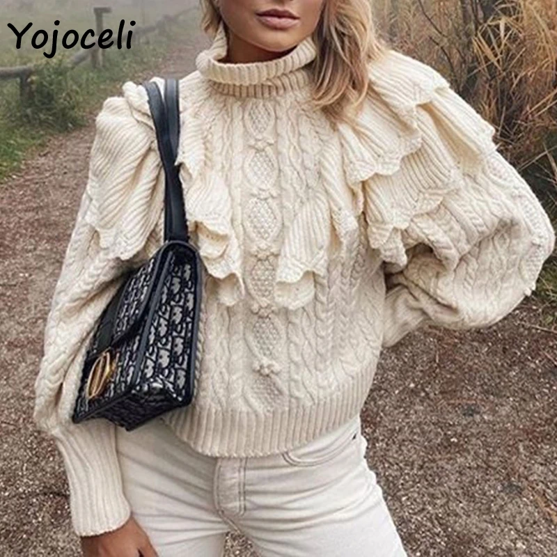 Yojoceli вязаный свитер с оборками Женская водолазка уличная одежда джемпер пуловер