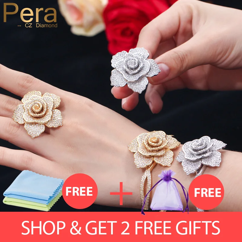 Pera высокое качество AAA+ кубический цирконий Mirco ПАВЕ, блестящие браслеты и кольца в форме большого цветка, ювелирные наборы для влюбленных, подарок Z017